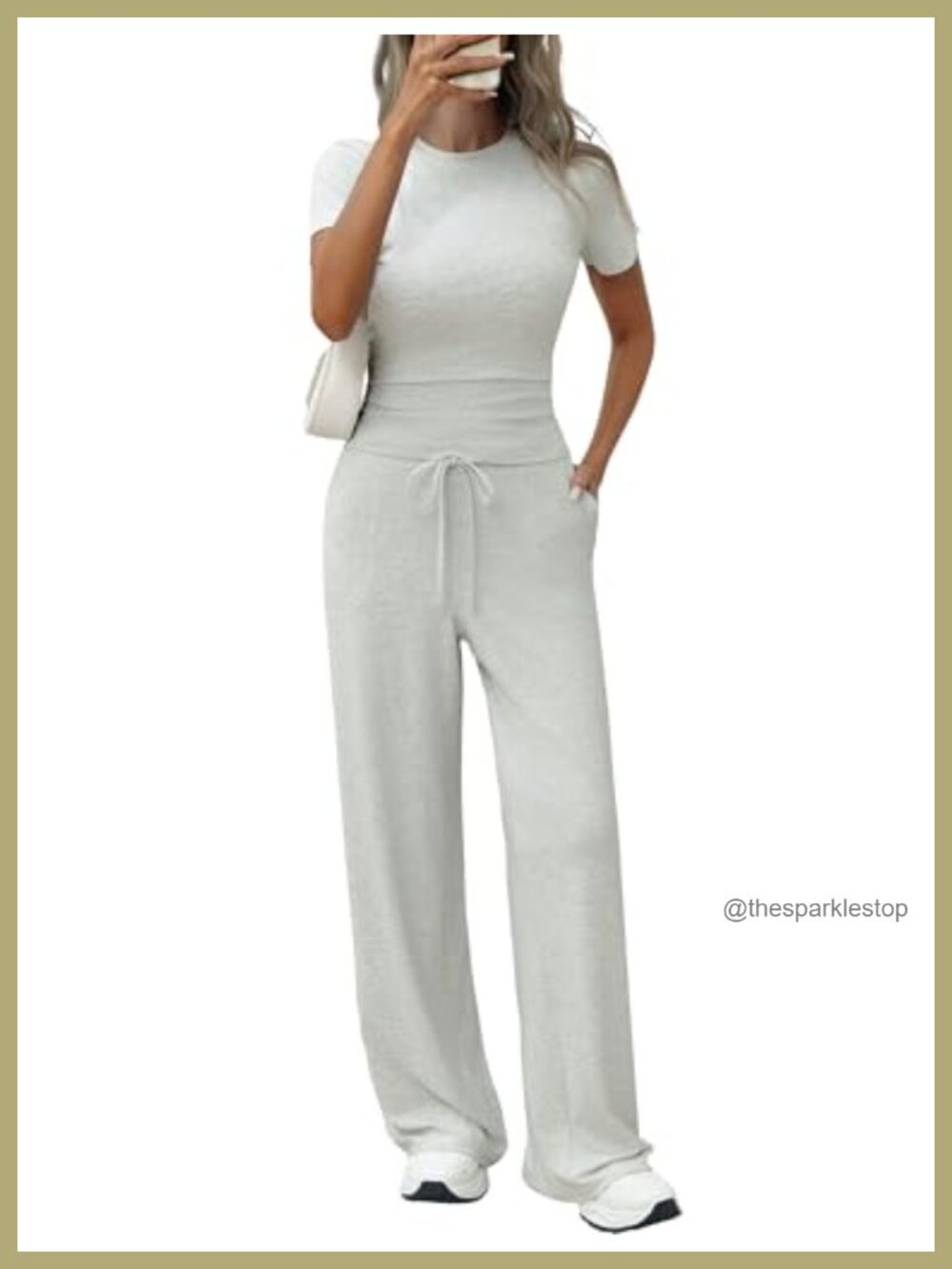 Womens 2 Piece Lounge Set Slim Crewneck Top Wide Leg Pants with Pockets